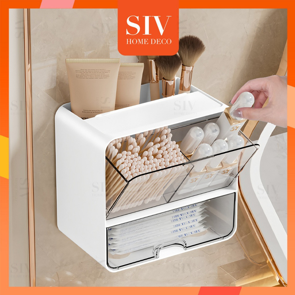 SIV กล่องเก็บของแบบพลิกได้ติดผนังพร้อมลิ้นชัก – สําลีและสกินแคร์