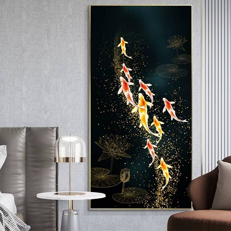 กันน้ํา Frameless Koi ปลาผ้าใบ Wall Art เก้า Koi Feng Shui พิมพ์ห้องนั่งเล่น Entrance Decor