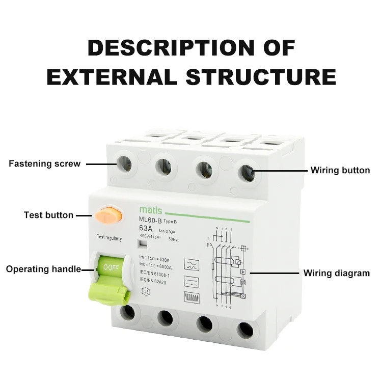 คุณภาพสูง Matismart Type B Rcd 4 Pole 30ma 63A ML60-B 400/415V Circuit Breaker Type B RCD RCCB Type 
