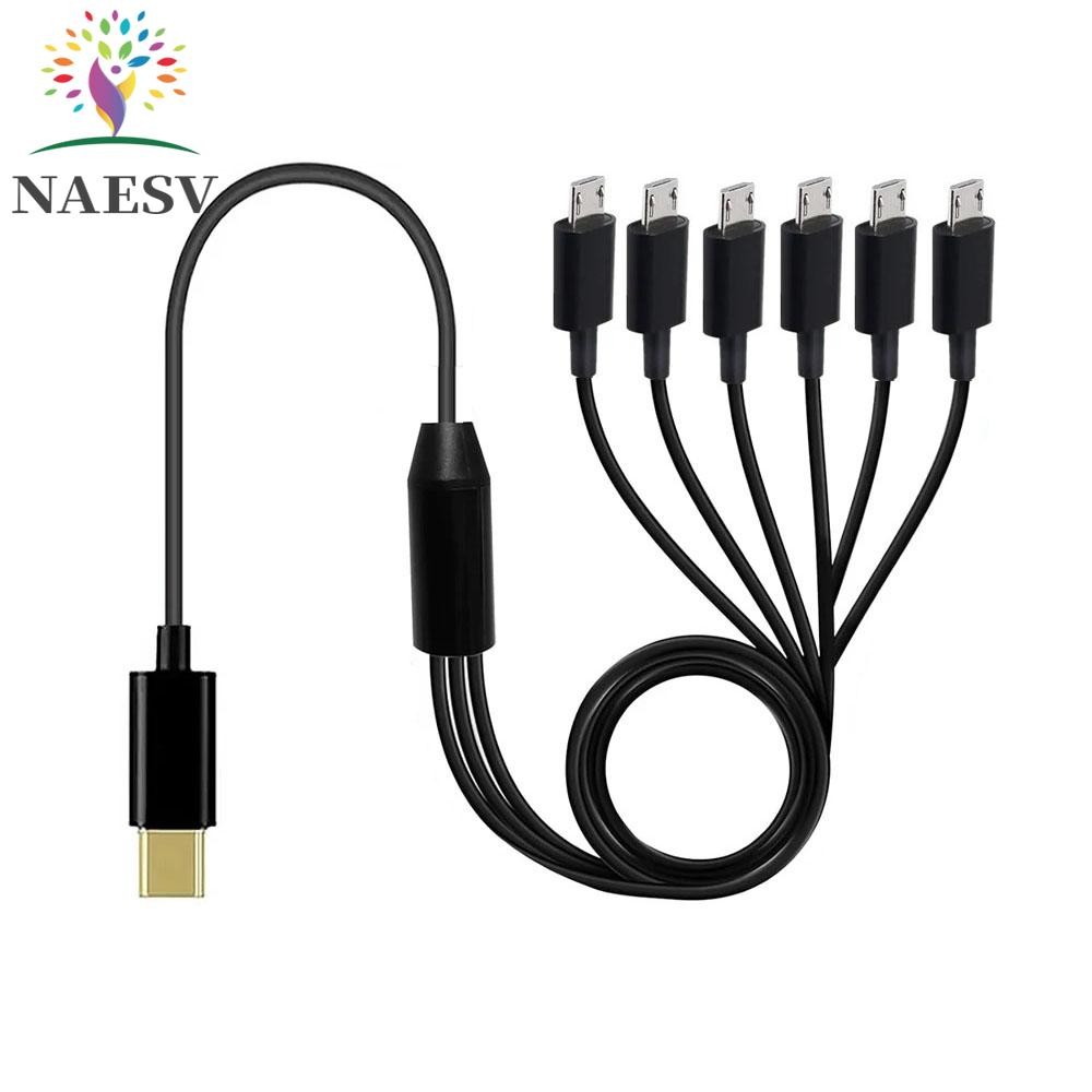 NAESV สายแยก USB C, 6 in 1 Type-C Micro-USB Multi USB C ถึง USB C สาย, สายชาร์จ USB Y Splitter สีดํา