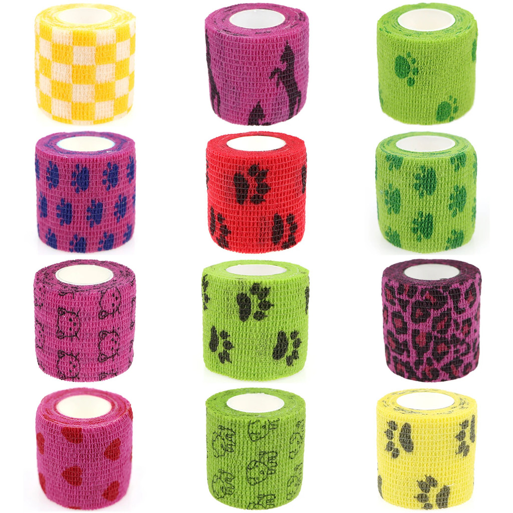 12 ม้วน Vet Wrap Pets Cohesive Bandage Self-Adheerent Bandage First Aid สําหรับสุนัขม้านกสัตว์แพลงแล