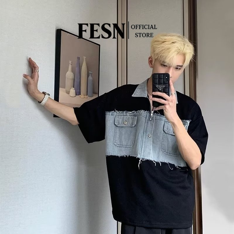 เสื้อโปโลแขนสั้น ผ้ายีน คอปก ทรงหลวม เข้ากับทุกการแต่งกาย แฟชั่นฤดูร้อน สําหรับผู้ชาย