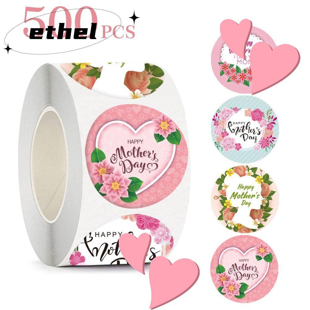 ETHEL สติ๊กเกอร์วันแม่, 500 แผ่น/ม้วน PVC สติกเกอร์กาวในตัว, คาร์เนชั่น DIY ซองจดหมายซีลสําหรับห่อของขวัญ