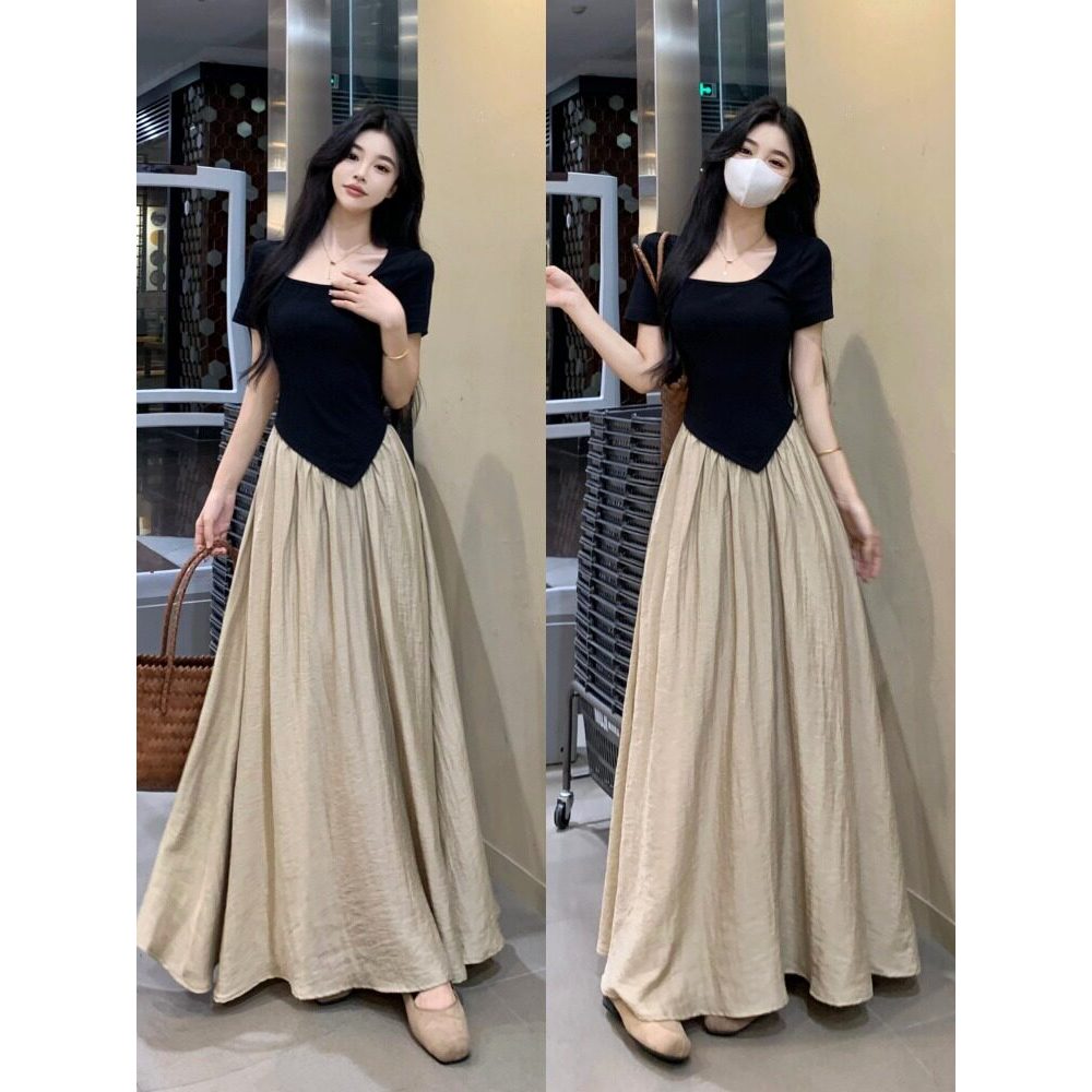 [สินค้า เทาห่าว] ขนาดใหญ่ใหม่สไตล์จีนปลอมสองชิ้นชุดคอสี่เหลี่ยมหญิงฤดูร้อนรูปแบบใหม่ไขมันมมเอวแคบ ผอ