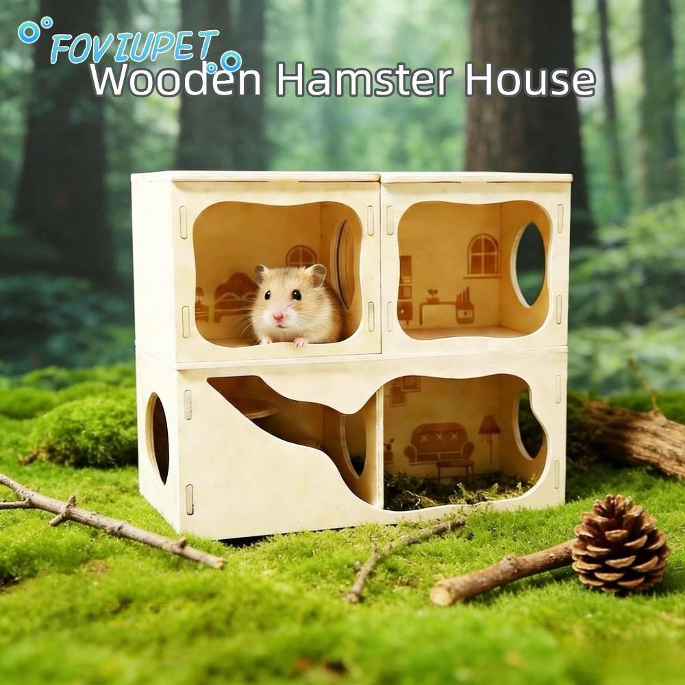 FOVIUPET วิลล่าหนูแฮมสเตอร์, บ้านหนูแฮมสเตอร์ที่ทนต่อการเคี้ยวที่ถอดออกได้, โครงสร้างปีนเขาไม้ซ้อนสัตว์เลี้ยงขนาดเล็ก Habitat Pet Play Area