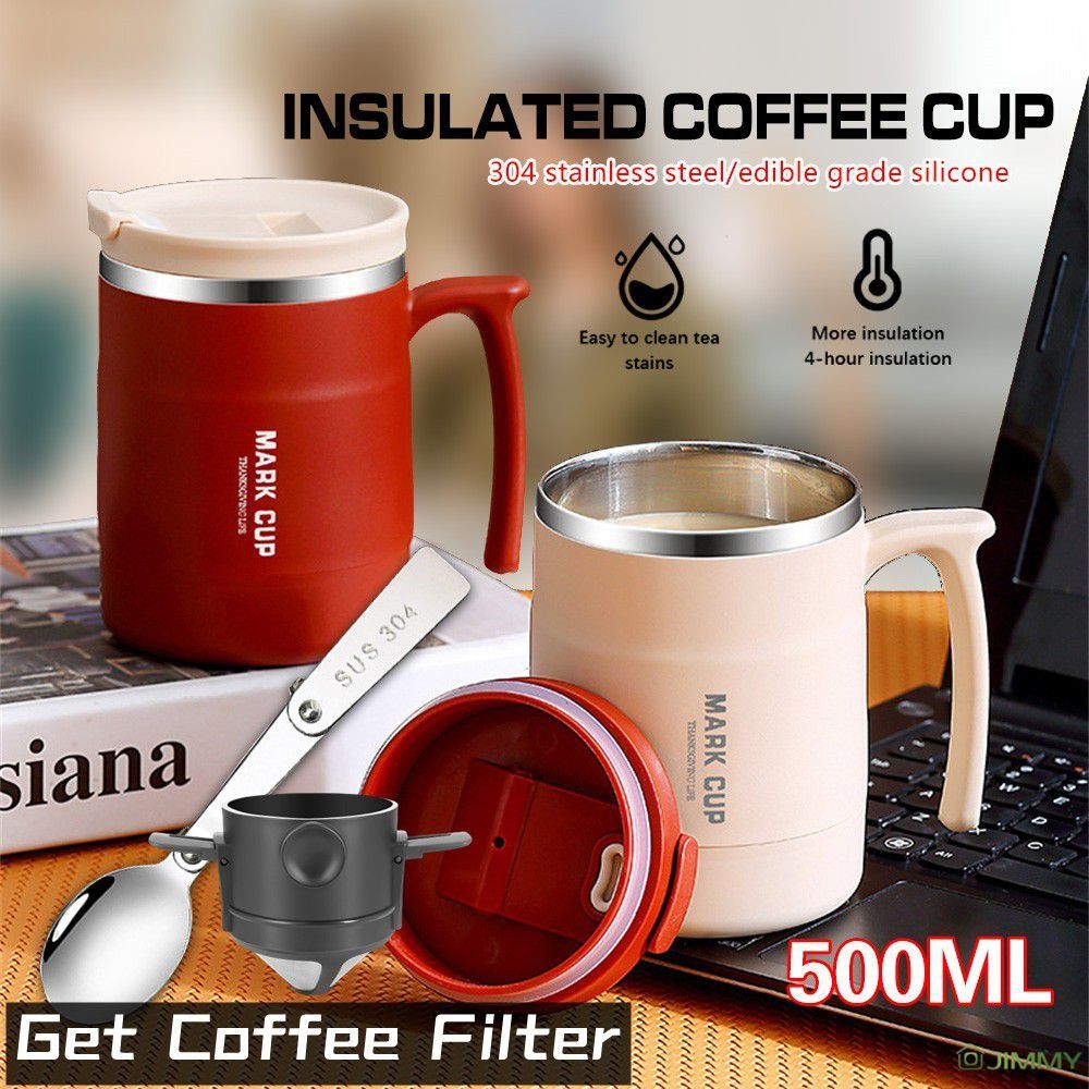 【COD】 【แถมที่กรองกาแฟ】แก้วกาแฟสแตนเลส 500 มล. ขวดน้ำเก็บความร้อน แก้วเครื่องดื่มพร้อมฝาปิดมีหูจับและ