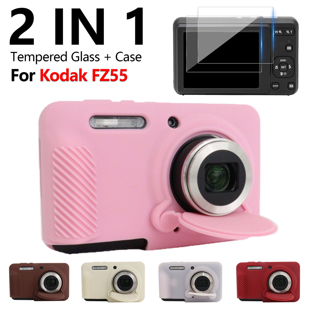 สําหรับ Kodak Pixpro FZ55 กล้องเคสซิลิโคนฝาครอบป้องกัน 2 ชิ้นกระจกนิรภัยป้องกันหน้าจอฟิล์มป้องกันรอย