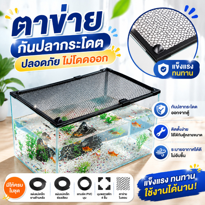ตาข่ายกันปลากระโดด ตาข่ายตู้ปลา ฝาปิดตู้ปลา แม่เหล็กถอดง่าย ปรับตัดได้ ทนทาน ตู้ปลาน้ำจืด น้ำเค็ม