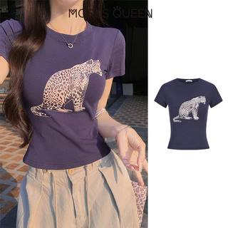 MOSESQUEEN มอสเซควีน เสื้อยืดแขนสั้นพิมพ์ลายเสือดาวอเมริกันเสื้อคอกลมแขนสั้นเข้ารูปผู้หญิงเข้ารูปและเข้ารูป #63695
