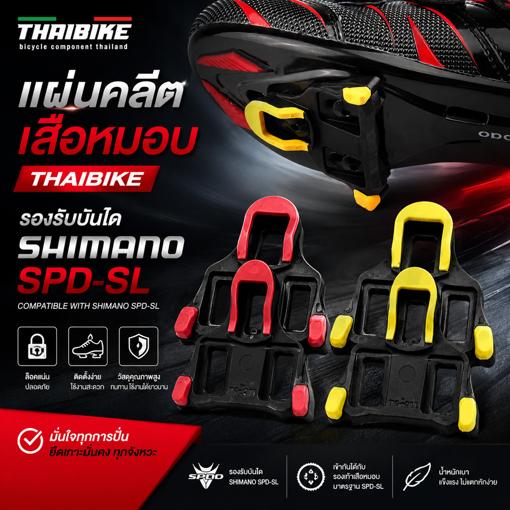 แผ่นคลีตเสือหมอบ THIAIIBKE รองรับบันได SHIMANO SPD-SL แบบแยกองศา (มีให้เลือก เหลือง/แดง) พร้อมน็อต