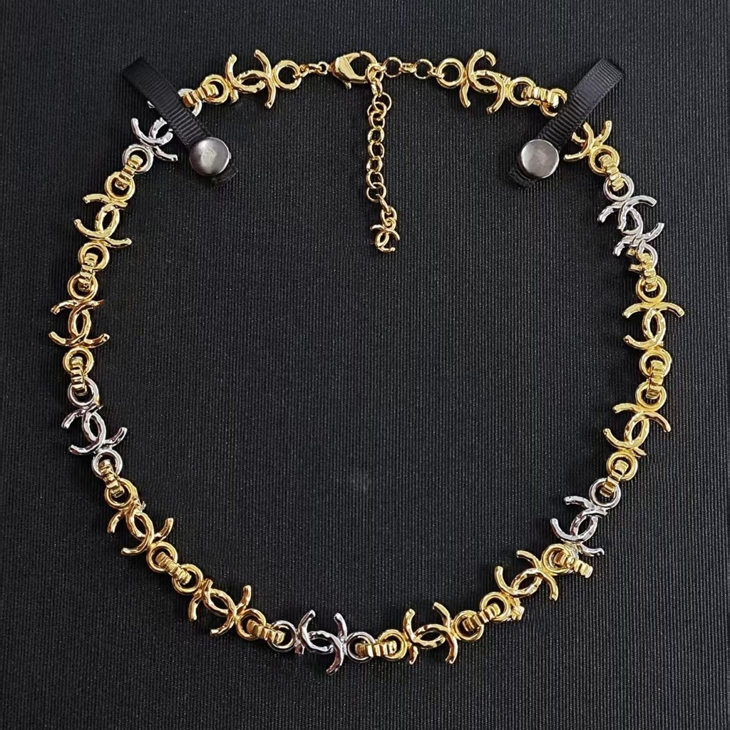 26p Two-Color หอมยาย Gold และ Silver Double c สร้อยคอผู้หญิง Over cc Interlocking Chain Universal นู