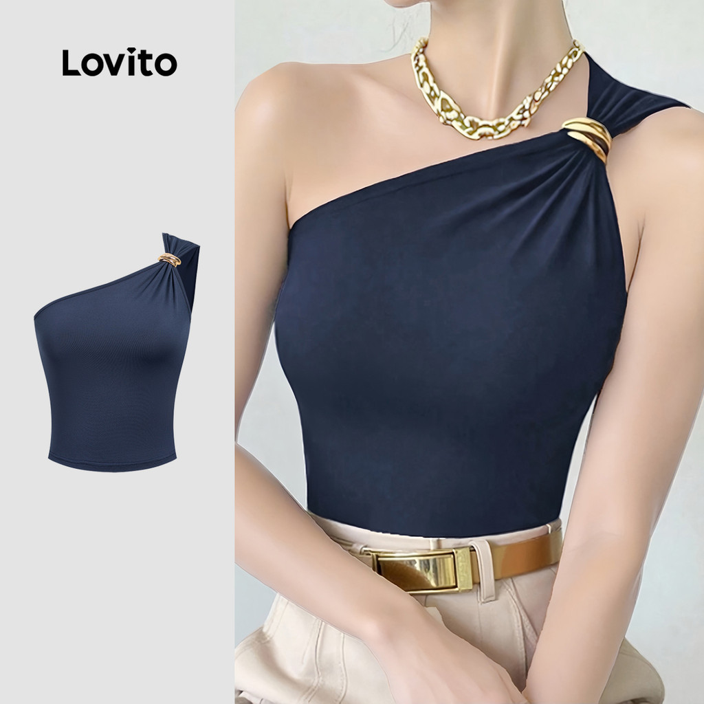 Lovito เสื้อลำลองสำหรับวันสงกรานต์ ทรงไม่สมมาตร หัวเข็มขัดโลหะ สีน้ำเงินเข้ม สำหรับผู้หญิง L177ADD129