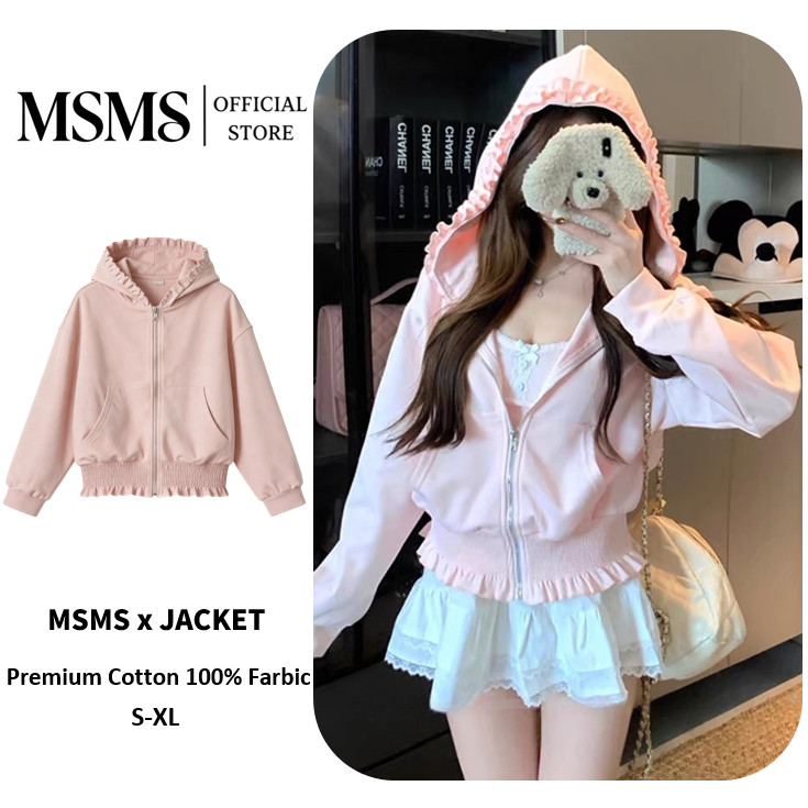 Ruffle Hooded Jacket เสื้อแจ็คเก็ตฮู้ดผู้หญิงลูกไม้ขอบหมวก ซิปเต็มตัว ทรงครอปเอวย่น สไตล์หวานเกาหลี สีชมพูอ่อน Size S-XL