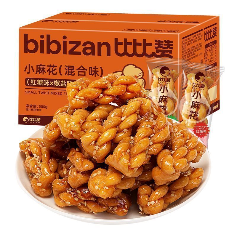 【比比赞】小麻花500g混合口味办公室休闲解馋零食品麻花超值整箱6/24 【Bibizan】500g Mixed Flavors of Small Twisted Snacks, Office Lei