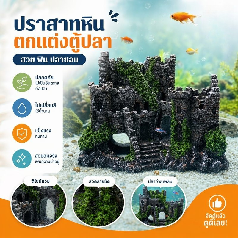 ของตกแต่งตู้ปลา ปราสาทเรซิน ตู้ปลา เรซินปลอดภัย ที่หลบปลา แต่งตู้ปลา น้ำจืด น้ำเค็ม ฐานมั่นคง