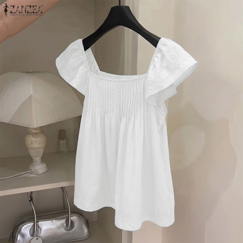 ZANZEA เสื้อสตรีสไตล์เกาหลีทุกวันสีทึบทอ A-Line Ruffles คอเหลี่ยมถัง — صورة 5