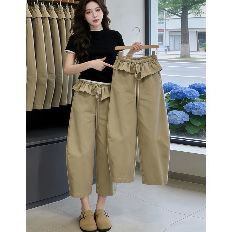 ฤดูร้อนบางหลวมกางเกงขากว้างผู้หญิงสไตล์ใหม่ Macete กางเกง Laced-Up Slimmer ดูเอวยางยืด Ruffled กางเกงลําลอง