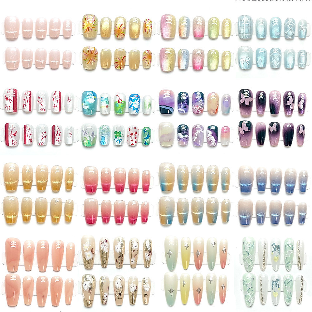 แฟลชขาย เล็บปลอมแฮนด์เมดทรงโลงศพสั้นยาว พร้อมกาว สีชมพู/เหลือง/ฟ้า ลายหัวใจผีเสื้อตาแมว ใช้ซ้ําได้ F151-F200