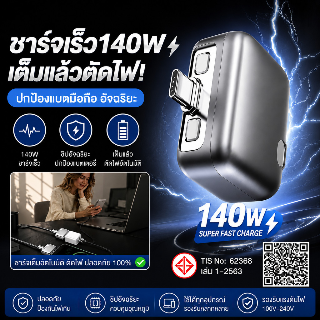 หัวชาร์จเร็ว 140W ชาร์จเต็มตัดไฟอัตโนมัติ ปกป้องแบตเตอรี่ รองรับ PD Fast Charge Type-C ชาร์จไว ปลอดภ