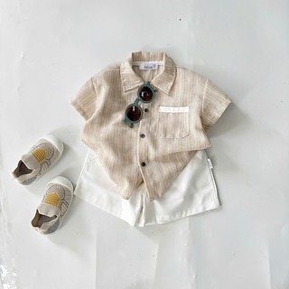 Áo Sơ Mi Kẻ Sọc ngắn tay chất linen cottn mềm mát, thoáng khí thời trang cho bé trai 9-34kg phong cách Hàn Quốc