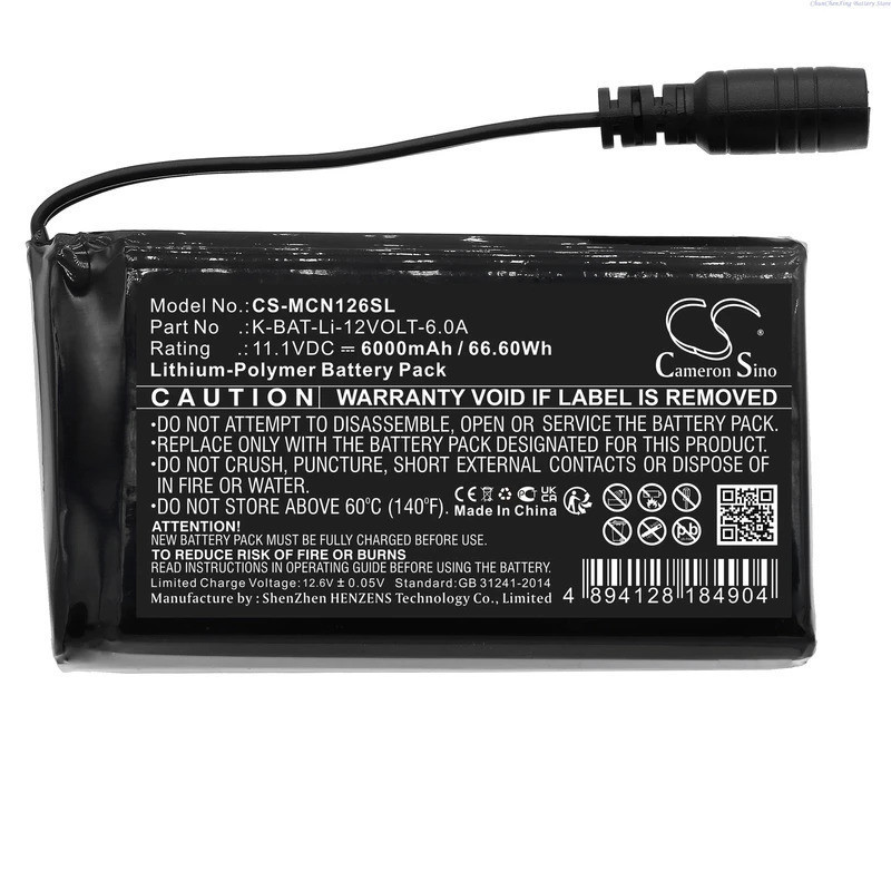 Cameron Sino 11.1V 6000mAh เสื้อผ้าอุ่นแบตเตอรี่ K-BAT-Li-12VOLT-6.0A สําหรับ Macna Li-po 12v 6a + เ