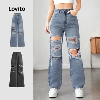 Lovito Casual Plain Ripped Loose Jean for Women L105MD065