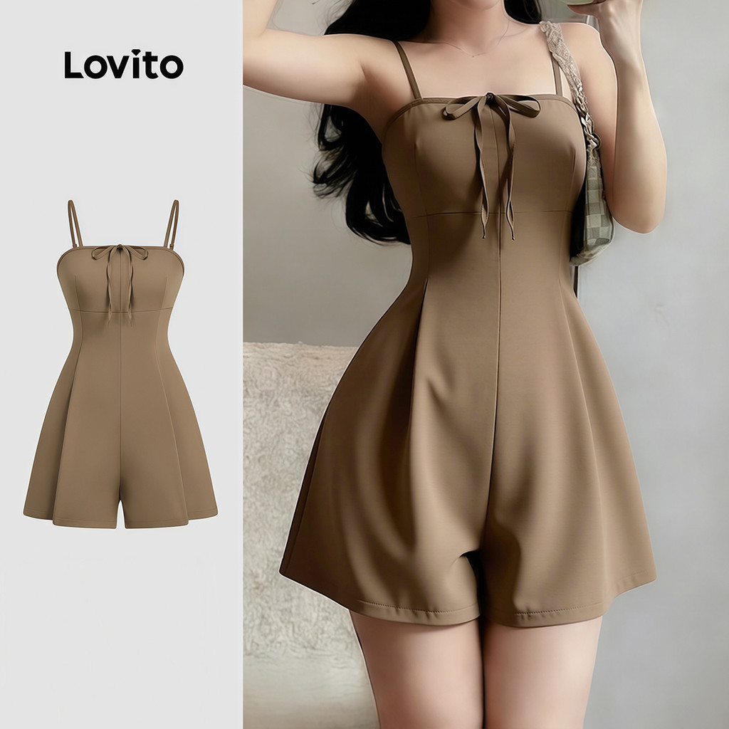 Lovito แคชชวล จั๊มสูทผู้หญิงสีน้ําตาลโบว์ฤดูใบไม้ผลิ/ฤดูร้อน L178ED471