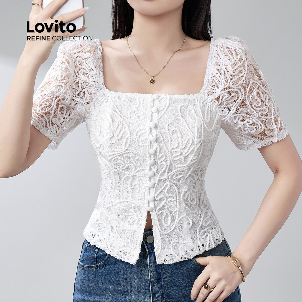 (สง่างาม) (Refine by Lovito) เสื้อเชิ้ตดีไซน์หรูหราปักลูกไม้แบบกระดุมสำหรับผู้หญิง เหมาะสำหรับฤดูใบไม้ผลิ/ฤดูร้อน สีขาว LR21E204
