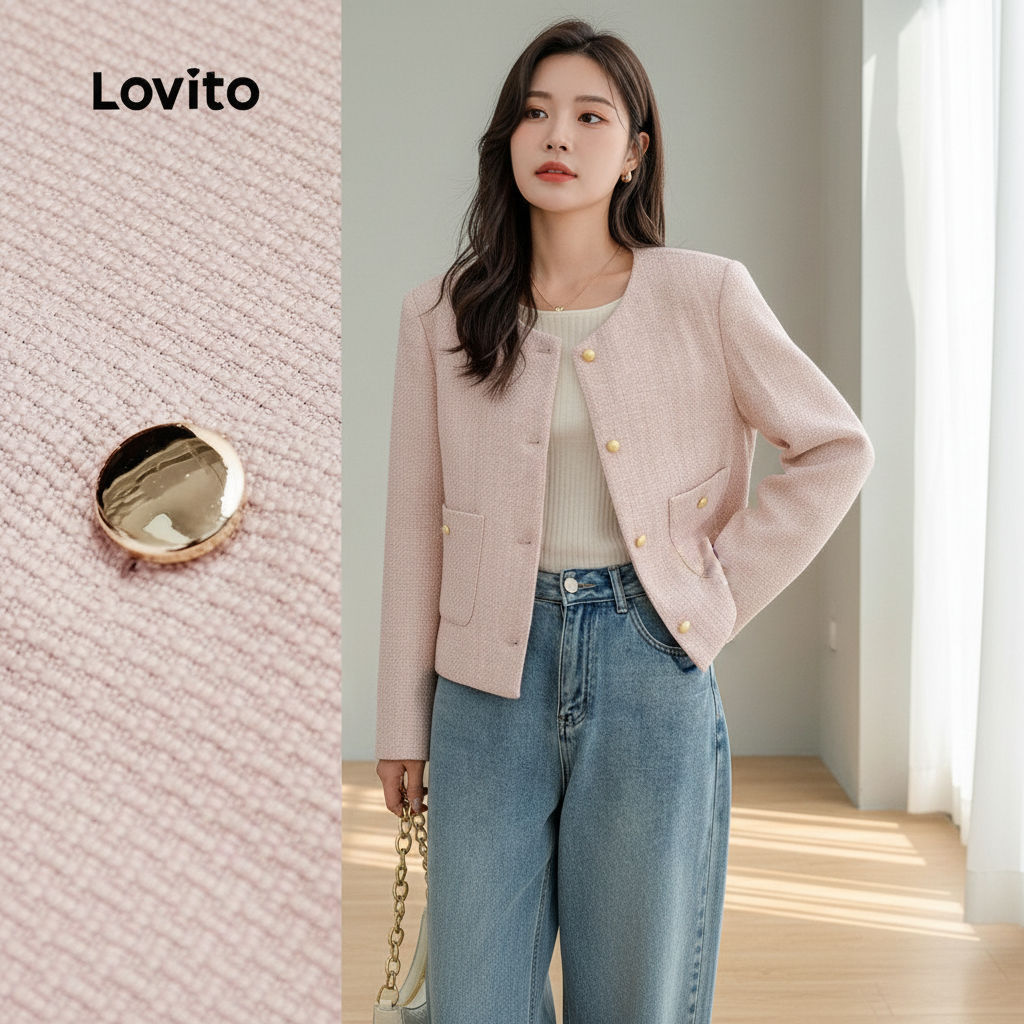 Lovito สง่างาม เสื้อโค้ทผู้หญิง ทรงหรู แขนยาว ฤดูใบไม้ร่วง ฤดูหนาว สีชมพู พร้อมกระเป๋าและเข็มขัด เกาหลี อินเทรนด์ L156AD250