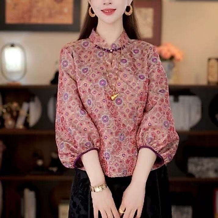 เสื้อสไตล์จีนแขน3/4 ลายดอกไม้ สำหรับผู้หญิง