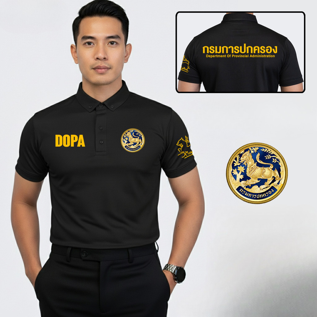 เสื้อโปโลผู้ชายลายตัวอักษร DOPA โลโก้สิงห์กรมการปกครองหน้าอกแขนหลัง ผ้าฝ้ายนุ่มเครื่องแบบข้าราชการชายประจำวัน