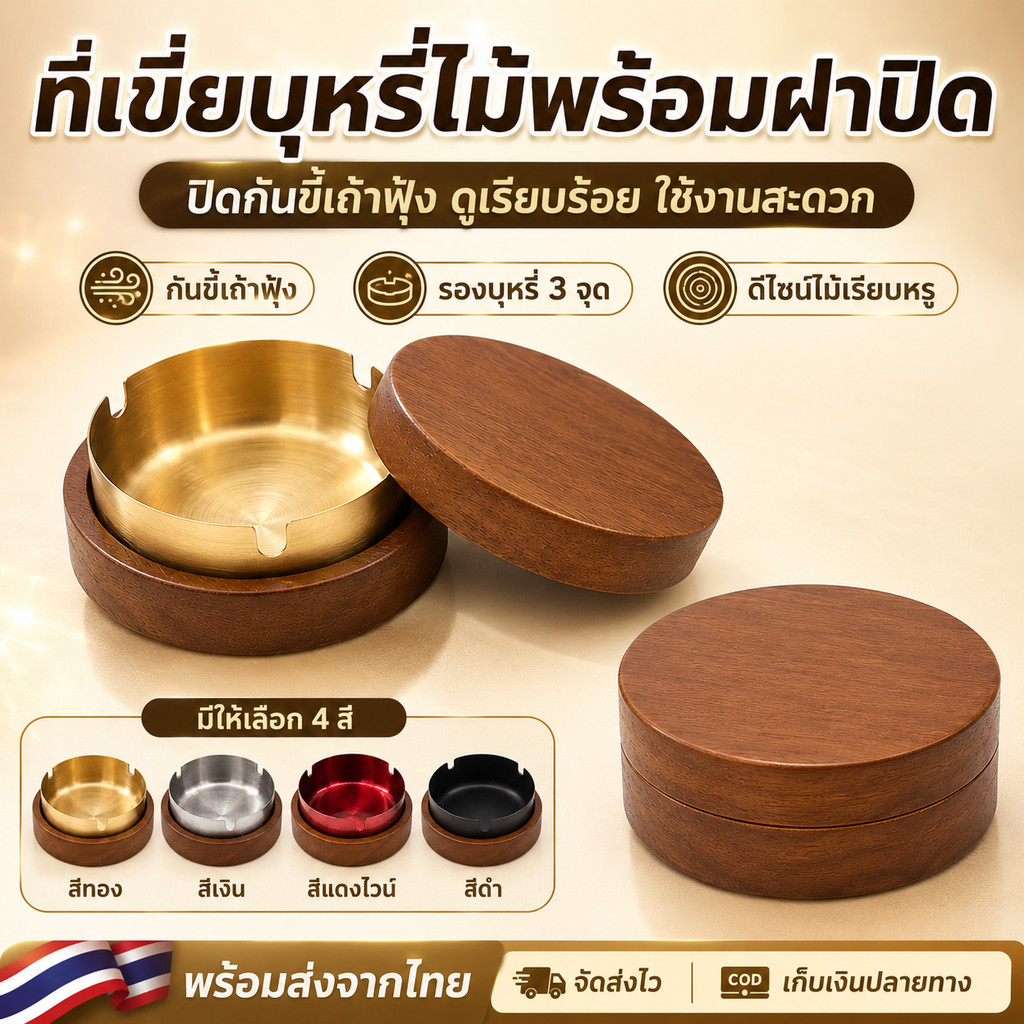 ที่เขี่ยบุหรี่มีฝาปิด ดีไซน์ไม้หรู ถาดโลหะถอดล้างง่าย เหมาะกับบ้าน ร้านค้า ออฟฟิศ