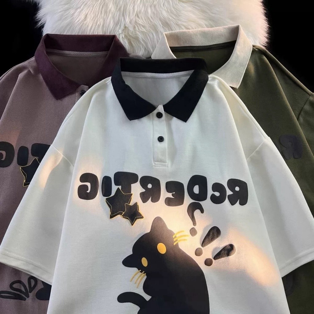 ProMan-เสื้อโปโลแมววินเทจสไตล์อเมริกัน  ชุดคู่รักฤดูร้อน  oversize