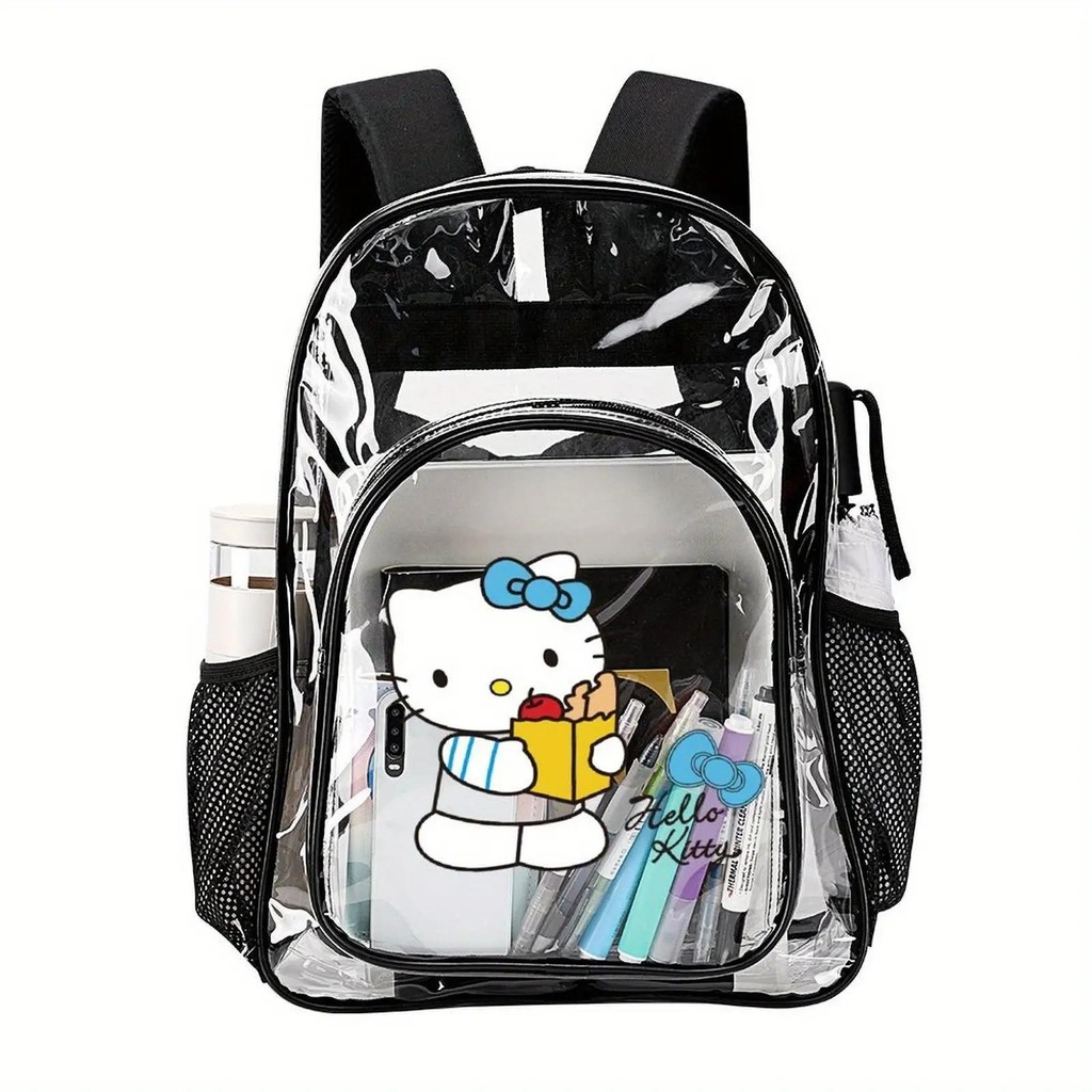 CCC BackpackTransparent Double Backpack-Clear PVC School Backpack with Mesh Pockets, Cute Character 