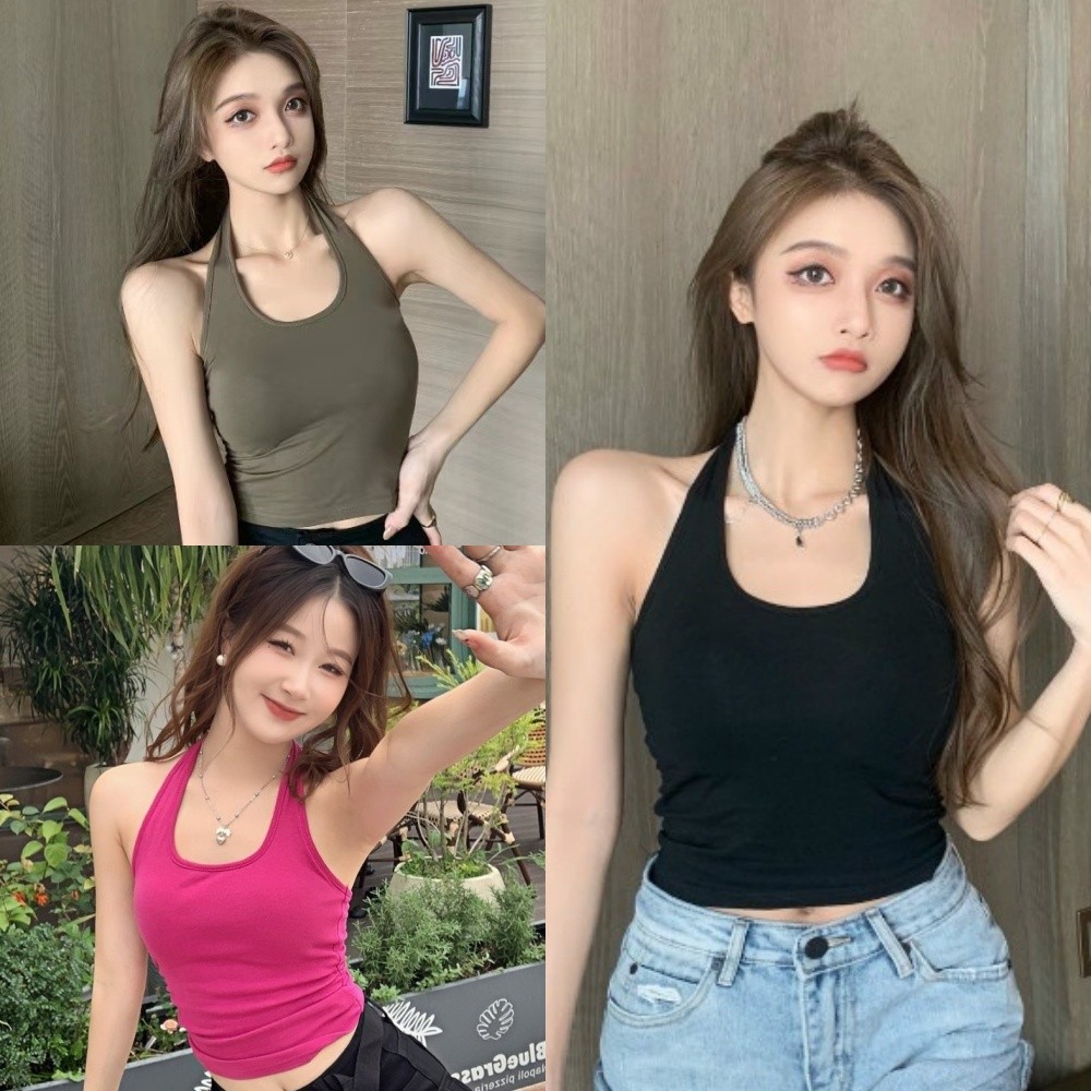 💘Bonnie💘เสื้อคล้องคอ แขนกุด สีสดใส เสริมฟองน้ำในตัว ยืดพอดีทรงรัดตัว เสื้อกล้าม ใส่สบาย น่ารักๆ พร้อมส่ง