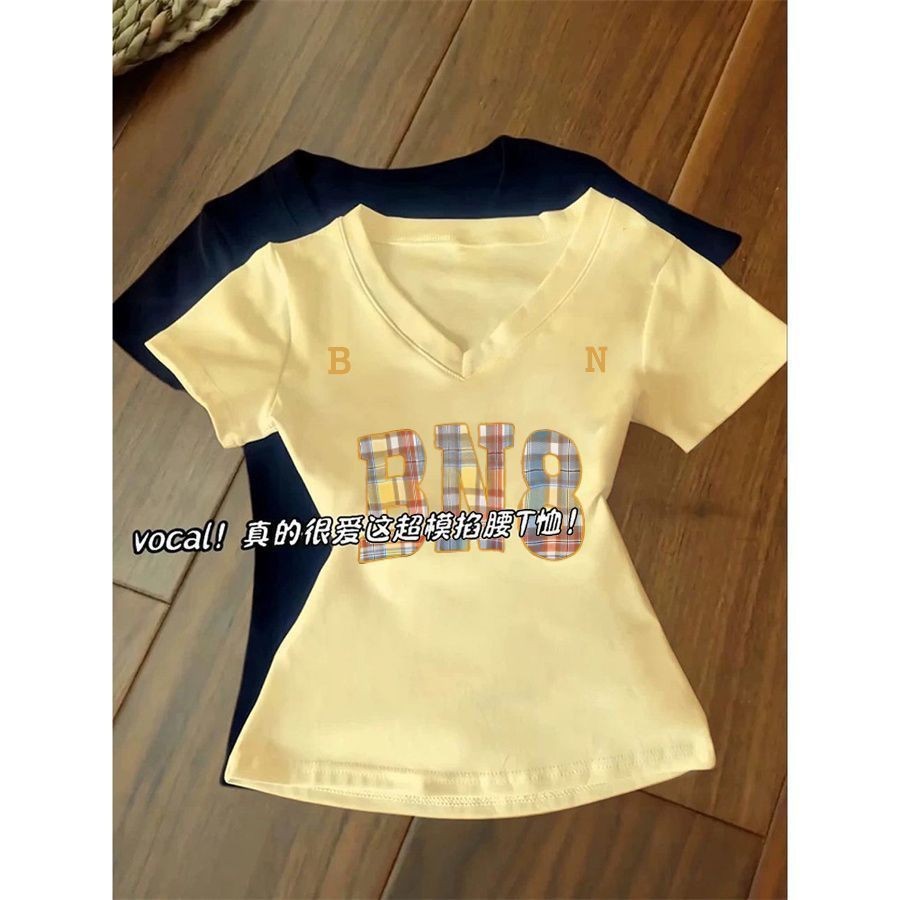 ไขมัน mmV คอไหล่แขนสั้นเสื้อยืดหญิงหนาเกลือซีรีส์ยุโรปสไตล์อเมริกันทุกการแข่งขันด้านบน Dopamine Slim