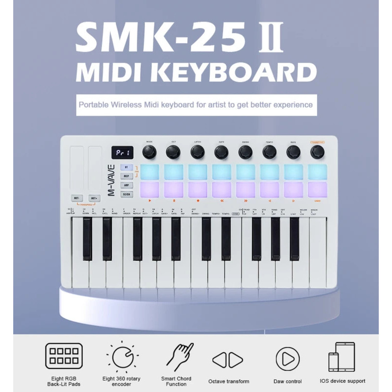 M-VAVE SMK-25 II MIDI Pad Controller คีย์บอร์ด USB Mini 25 คีย์, 16 RGB กลอง Pads,8 ปุ่มและการผลิตเพ