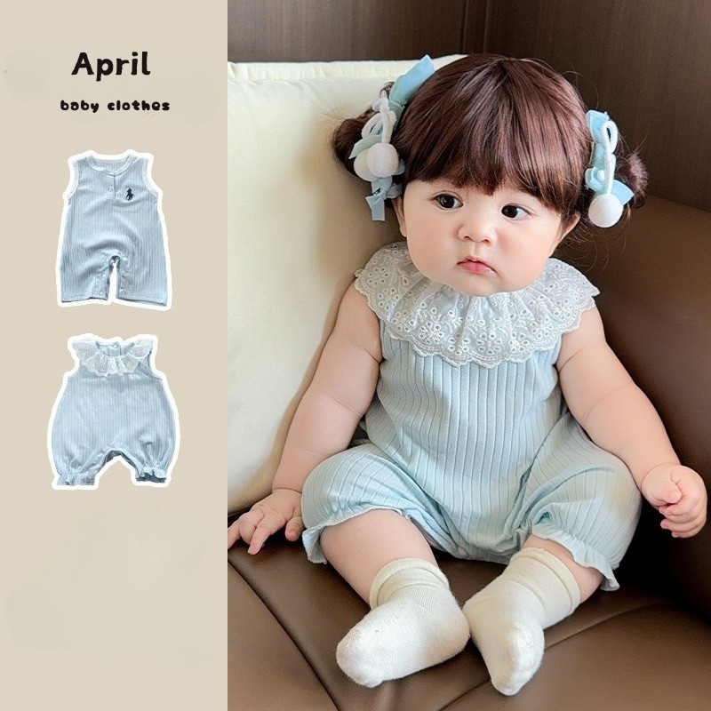 ชุดจั๊มสูทแขนกุดลูกไม้ สีฟ้า สำหรับเด็กผู้หญิงวัย 0-2 ปี
