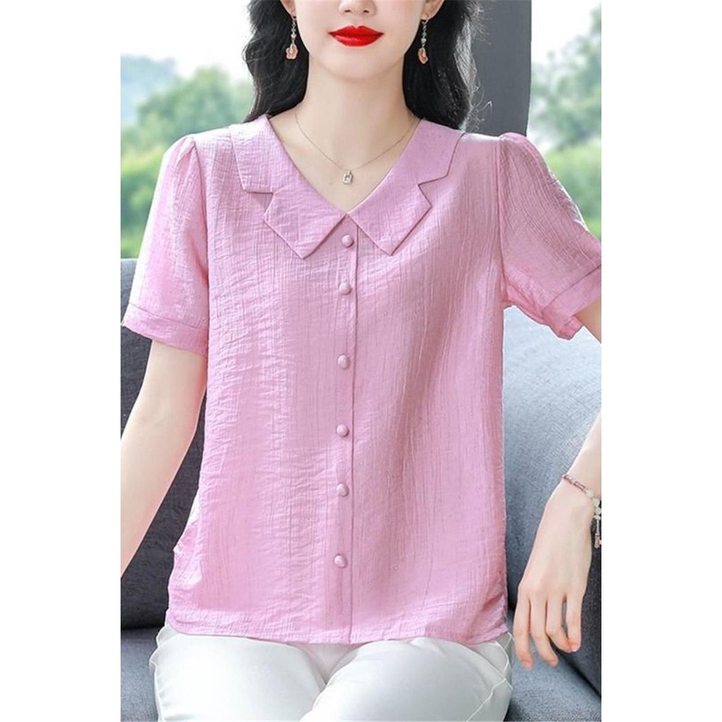 ตุ๊กตาคอ Tencel เสื้อแขนสั้นผู้หญิง 2025 อารมณ์ลดอายุแฟชั่นแม่หลวมเสื้อเล็ก 9.11 wfL