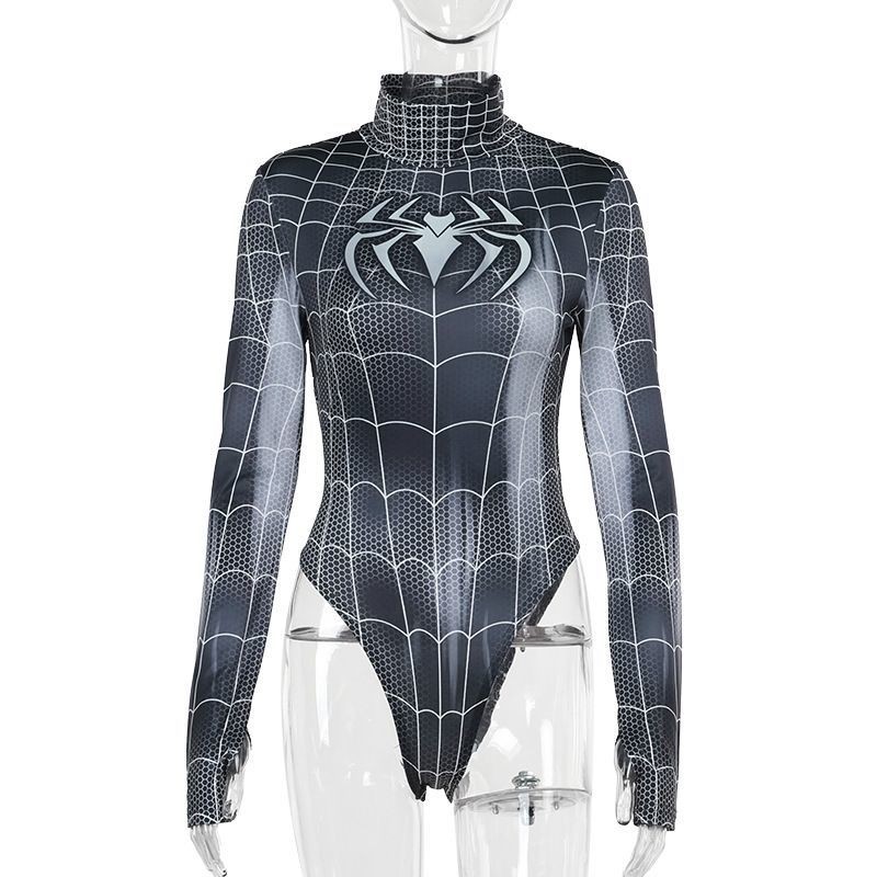 Spiderman พิมพ์คอสูง Contrast สีแขนยาว Street สาวร้อน Slim-Fit Slimmer ดู Jumpsuit 5911