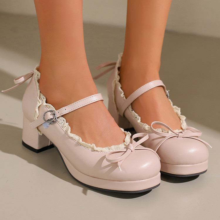 ASL30-50 ขนาดขนาดใหญ่ขนาดเล็กหวานรอบนิ้วเท้าโลลิต้าส้นหนาแพลตฟอร์มกันน้ําลูกไม้โบว์สายรัดหัวเข็มขัดแบนสไตล์เจ้าหญิงแมรี่เจนรองเท้า - รูปที่ 5