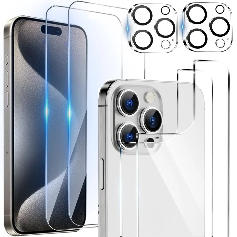 6 in 1 กระจกนิรภัยสําหรับ iPhone 15 Pro Max 15 Plus ป้องกันหน้าจอด้านหลังฟิล์มเลนส์กล้องกระจกป้องกัน