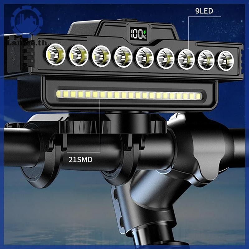 ไฟหน้าจักรยานเสือภูเขา LED 9 ดวง แสงแรง ระยะไกล พร้อมแตรและชาร์จ USB ติดตั้งง่าย