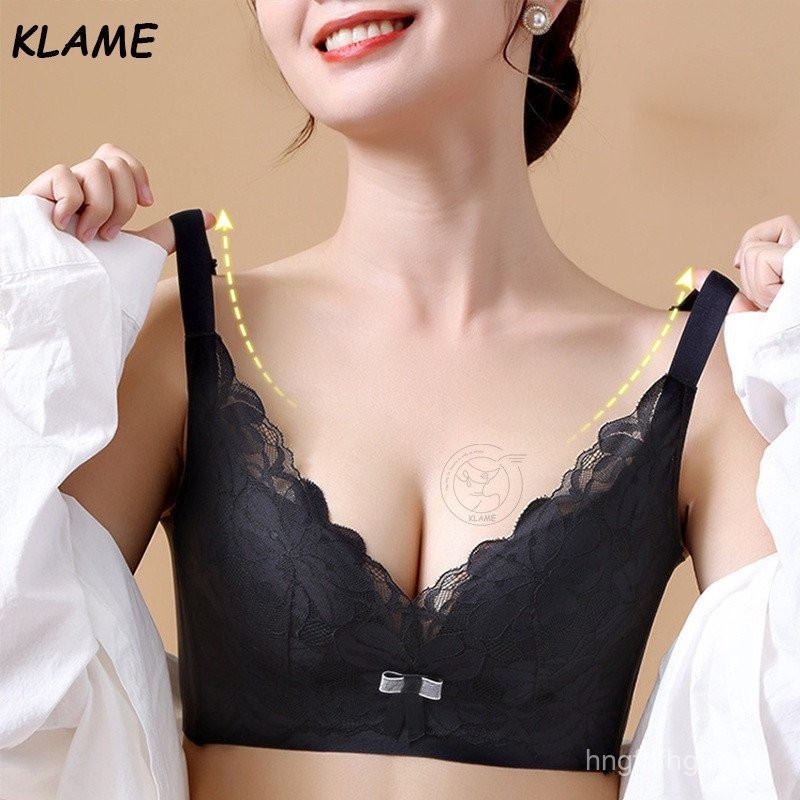 KLAME U-Shape ไม่มีแหวนเหล็ก Push Up A/C ถ้วยลูกไม้ V คอ Latex Bra KLM192