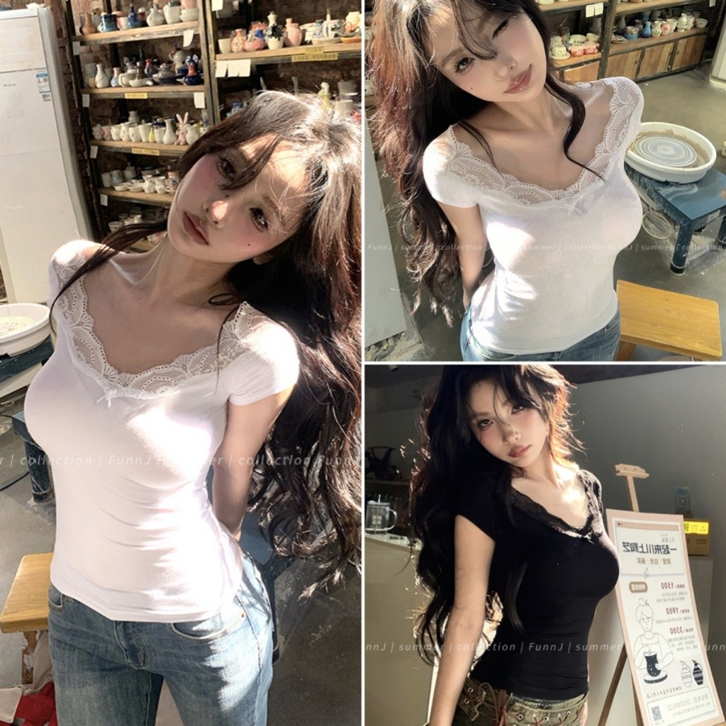 Bella shop เสื้อยืดสวยๆผู้หญิง สไตล์ใหม่อเนกประสงค์สลิมมิ่งเสื้อลูกไม้แฟชั่นเสื้อเชิ้ตลำลอง สไตล์เกาหลีเรียบง่าย