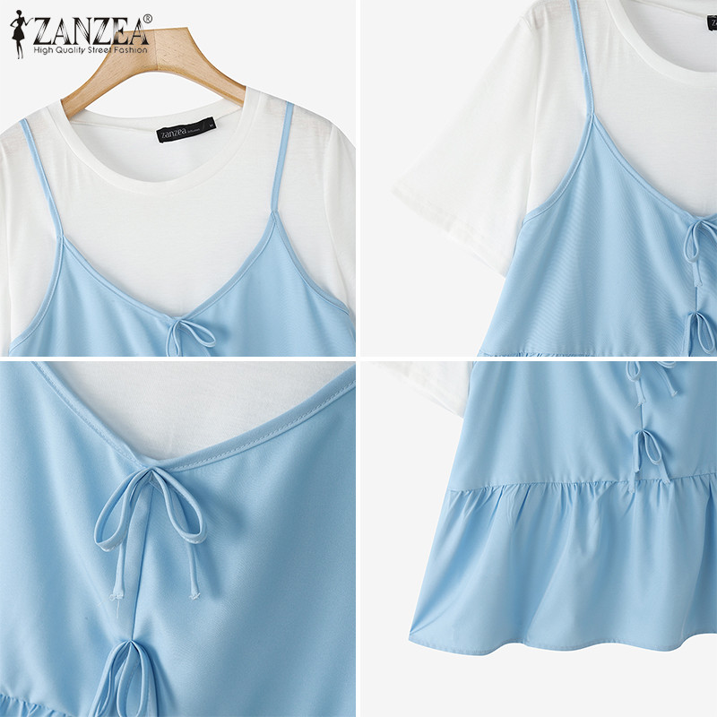 ZANZEA เสื้อยืดผู้หญิง สไตล์เกาหลีหวาน โบว์โนต และแพทช์เวิร์ค - รูปที่ 7