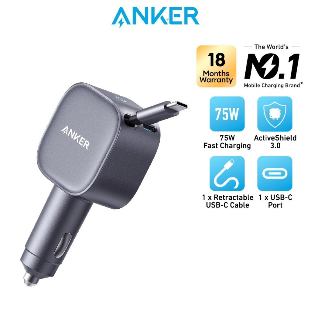 Anker USBC Car Charger 75W Compact TypeC Fast Charging Car Charger ในตัว USBC Retractable Cable อะแด