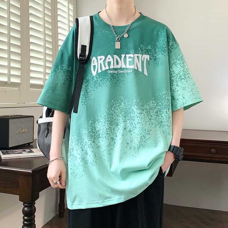 Top T-shirt冰丝凉感短袖T恤男夏季潮牌渐变五分半袖男宽松上衣服青少年体恤T7.26
