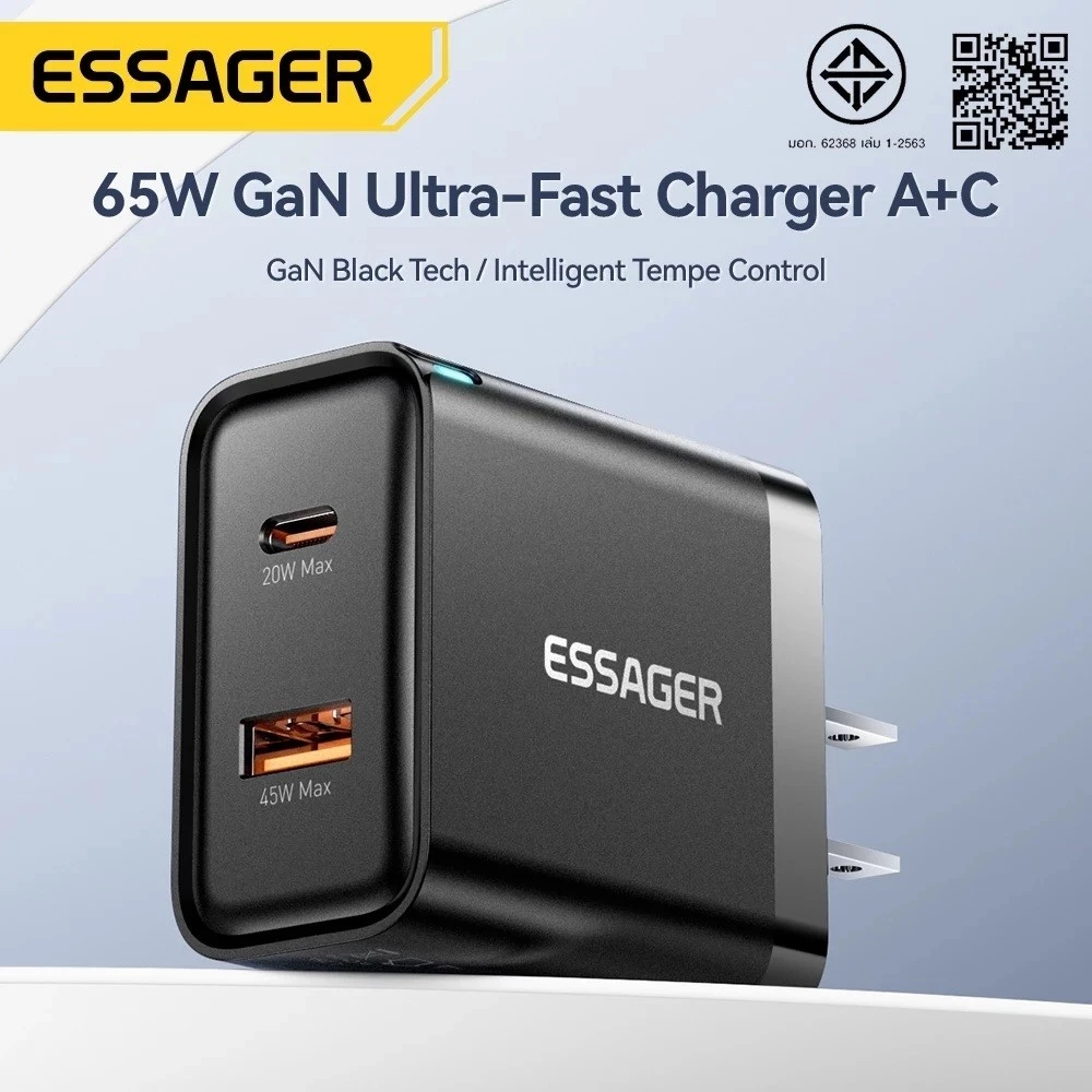Essager A+C 65W super flash charge ปลั๊ก US/EU สีดำ เหมาะสำหรับอุปกรณ์หลากหลายประเภท B09