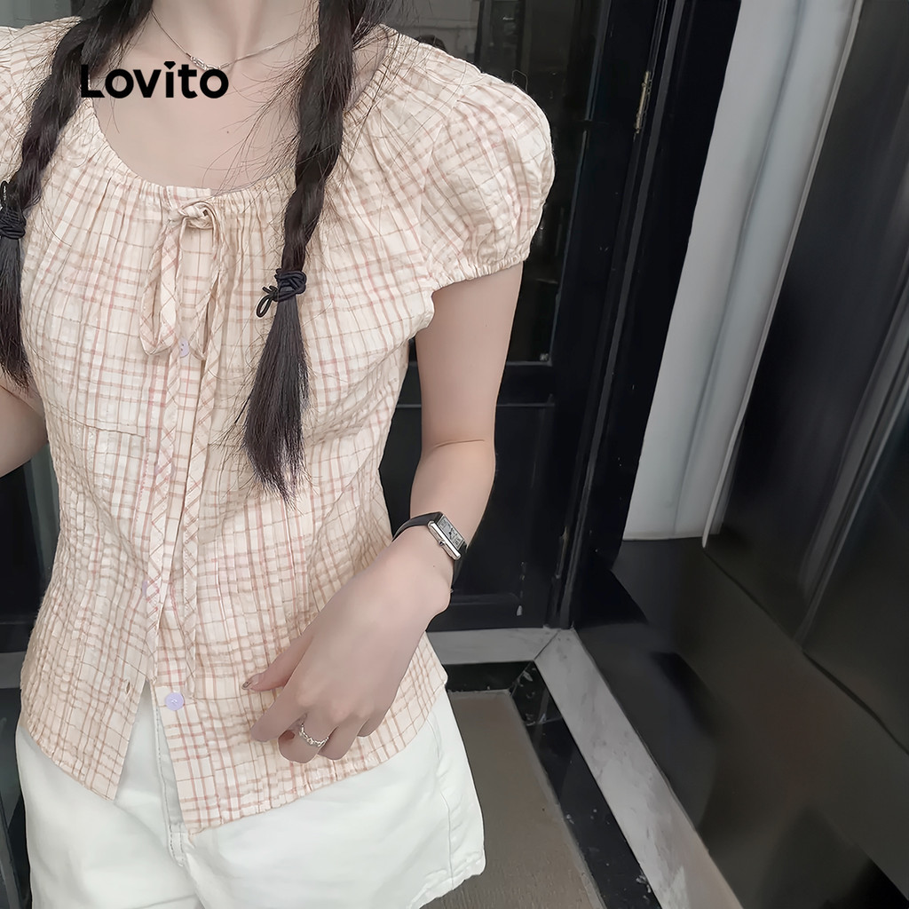 (Trendy) Lovito เสื้อลําลองลายลูกไม้ขึ้นเสื้อจีบสําหรับผู้หญิง L130AD146